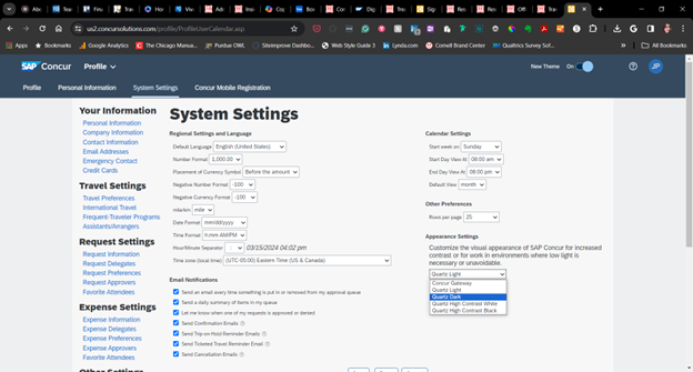 A screenshot of the SAP Concur website showing appearance settings, including Quartz Light and Dark modes along with White and Black contrast settings.
